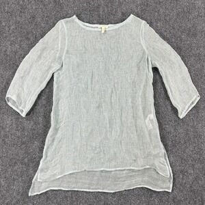 Eileen Fisher Shirt Womens Small Blue Organic Linen Sheer Knit Sheer Tunic Top